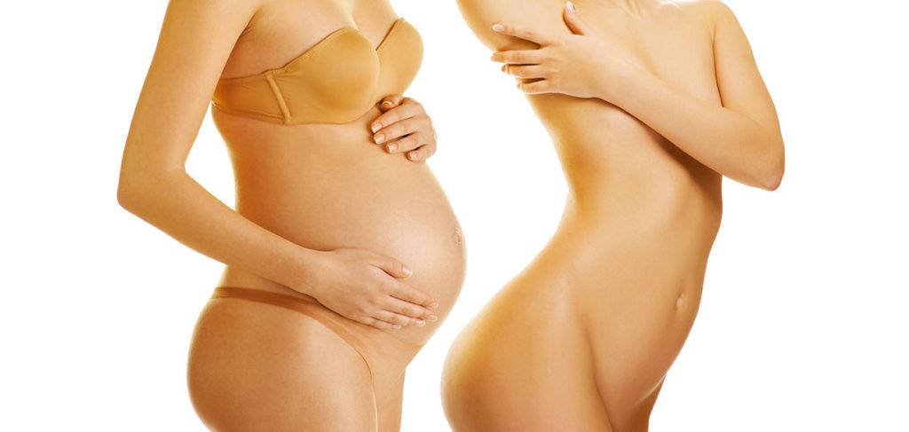 Foto de mulher grávida e de um corpo magro para ilustrar conteúdo sobre mommy makeover.